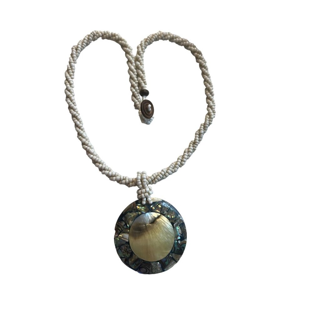Twisted Seed Bead Necklace Abalone Shell Round Pendant Button Clasp 19"